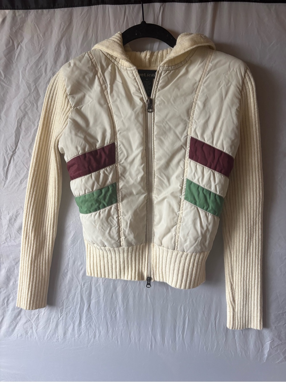 Wet Seal Retro Vintage cream Quilted Hooded Jacket with Green & Burgundy Accents